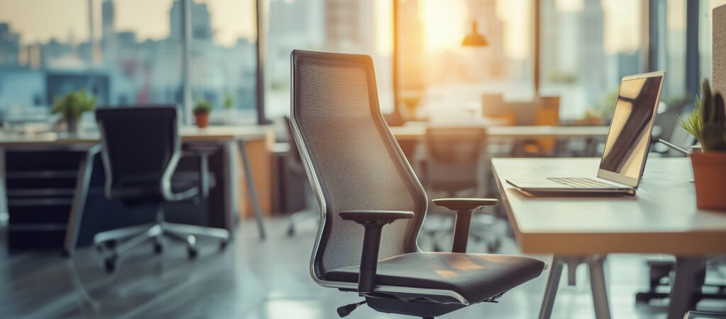 empty office workspace chair table laptop Generative AI